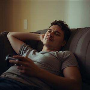 Person gaming comfortably one-handed on a couch with a lap tray, relaxed and focused.