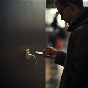 Traveler calmly charging a laptop and phone from one small charger at a single outlet.