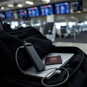 A travel power bank with a digital display next to a laptop in a bag at an airport gate.