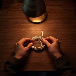 A close-up of hands coiling a charging cable neatly on a desk, evening light