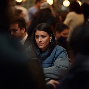 A focused person wearing wireless earbuds working on a laptop in a crowded, noisy cafe environment.