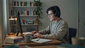 A glasses-wearing person sitting comfortably at a home gaming desk, relaxed and focused while wearing an over-ear headset.