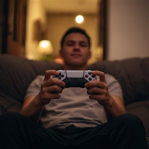 Relaxed hands resting loosely on a plain game controller during a comfortable evening session.
